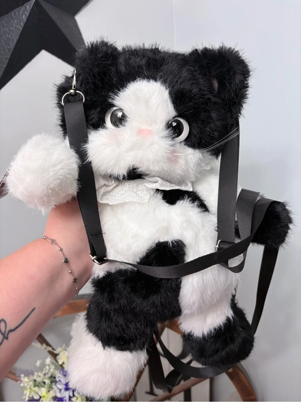Black and White Plush Cat Stuffed Animal Backpack NWT